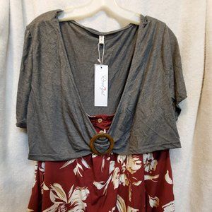 NWT Rosegal Floral Print Tunic Short Sleeve 2fer Top 4X Red Wine